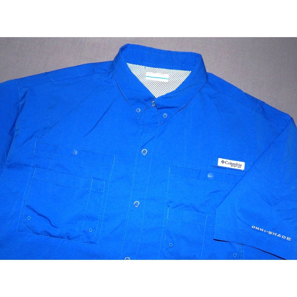 Columbia PFG Omni-Shade Blue Short Sleeved Mesh Lined Button Up Shirt Men's XL